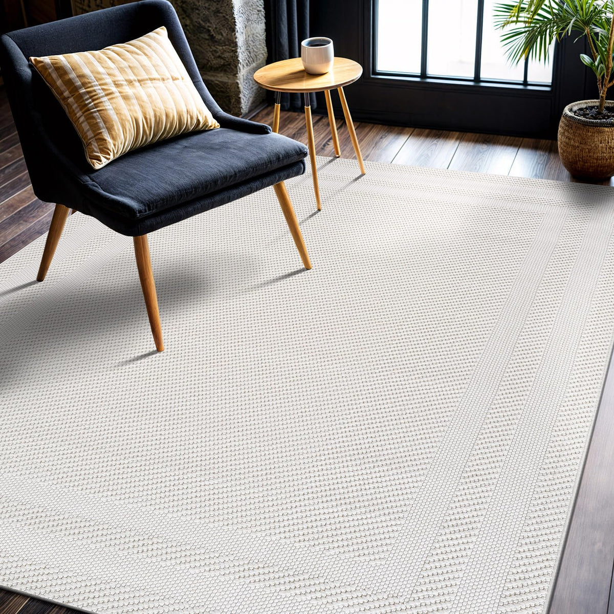CAMILSON Modern Rug 5x7 Luxury Swirl Curved Micro Loop Area Rugs Soft High-Low Pile Stain Resistant Easy to Clean Non-Shedding Durable Living Room Office Indoor Carpet (White)