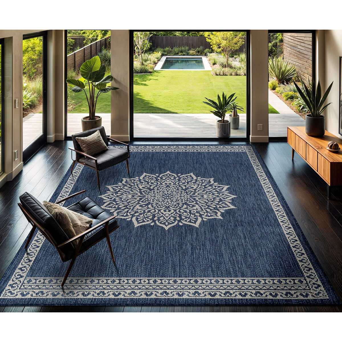 CAMILSON Indoor Outdoor Rug, 6x9 Bordered Dark Grey Black Modern Area Rugs for Indoor and Outdoor Patios, Kitchen and Hallway Mats, Washable Porch Deck Outside Carpet (Bordered Black, 6 x 9)