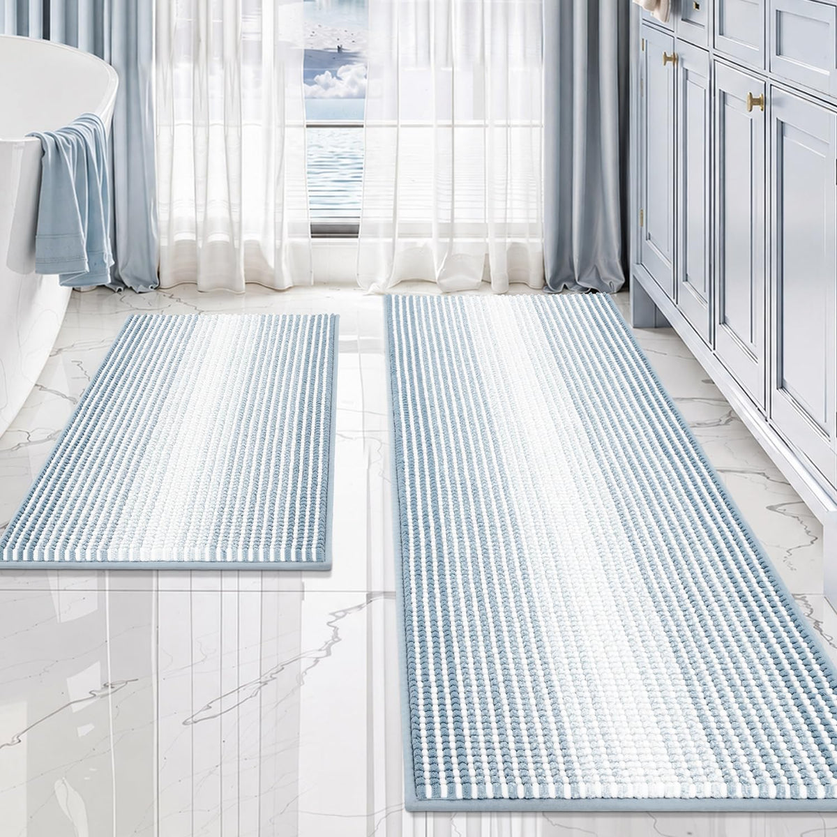 BSICPRO Bathroom Rugs Sets 2 Piece, Modern Bath Mat 20"x47"+20"x32", Blue