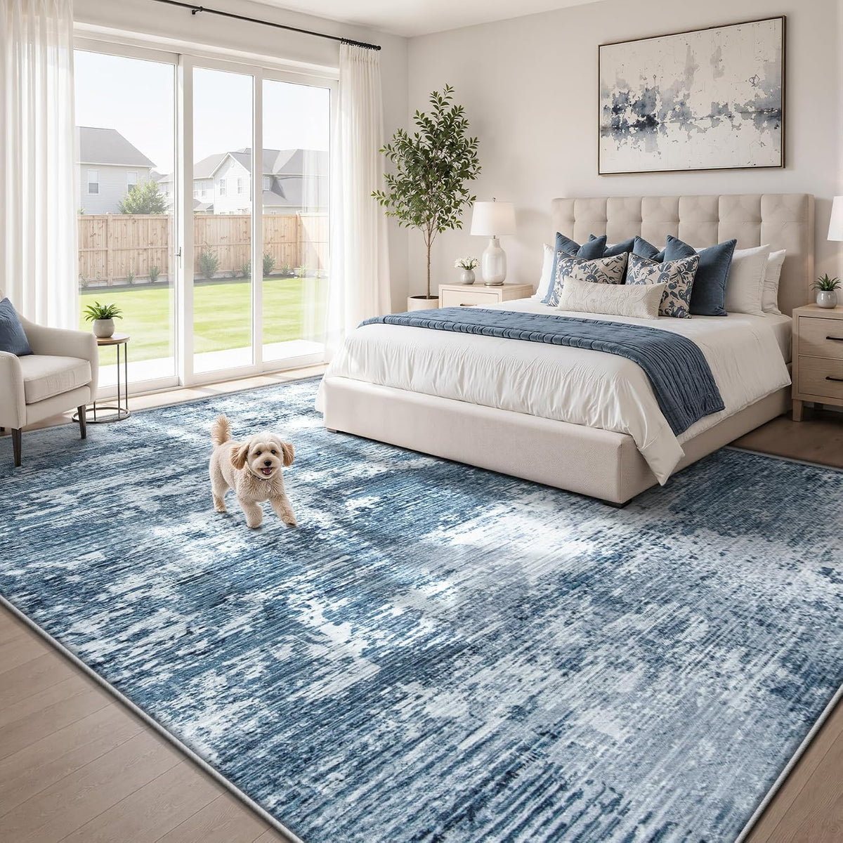 9x12 Area Rugs for Living Room: Washable Modern Abstract Rug Large Neutral Non-Slip Low Pile Indoor Carpet for Bedroom Dining Room Nursery Office (Blue, 9'x12')