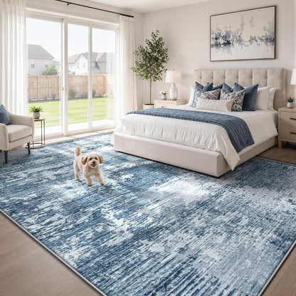 9x12 Area Rugs for Living Room: Washable Modern Abstract Rug Large Neutral Non-Slip Low Pile Indoor Carpet for Bedroom Dining Room Nursery Office (Blue, 9'x12')
