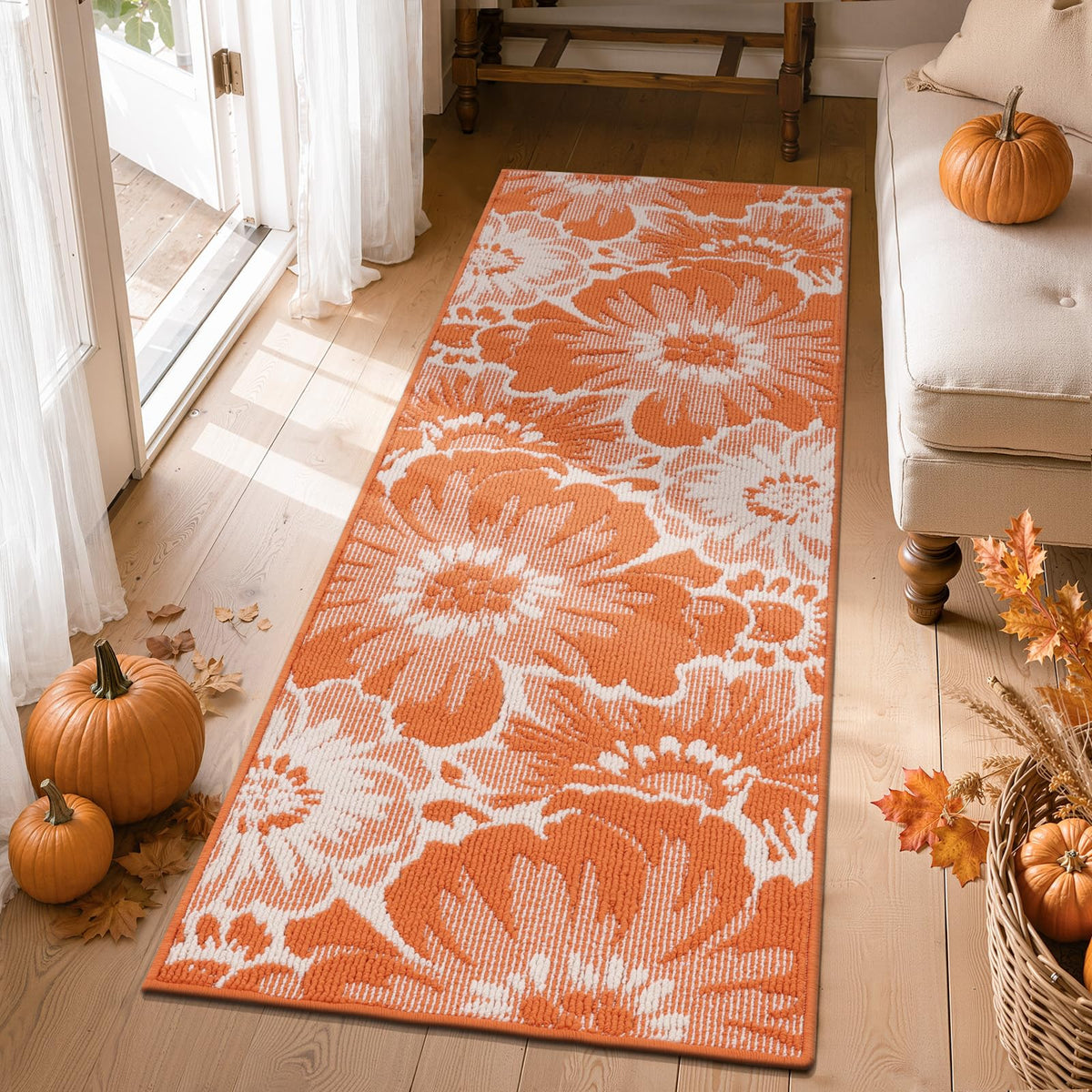 Findosom Hallway Runner Rug 2x6, Non Slip High-Low Textured Floral Washable Runner Rug with Rubber Backing, Boho Carpet Runner for Kitchen, Entryway, Bedroom, Laundry, Black & Beige