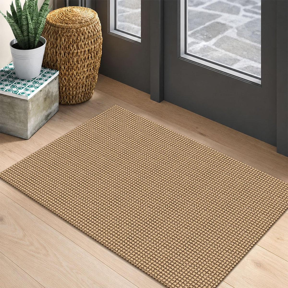 EARTHALL Woven Area Rug 3x5 Ft Washable Rugs for Entryway Braided Non Slip Rubber Backed Throw Rugs Door Mat Indoor Outdoor Entrance Cotton Carpet for Kitchen Foyer Front Door, Orange/Tan/Brown