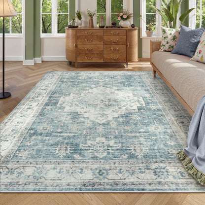LIVEBOX Washable Area Rug 5x7 Rugs for Living Room Bedroom, Non-Slip Boho Neutral Carpet for Dining Room Office, Low-Pile Farmhouse Soft Carpets for Kids Nursery Room Playroom, Tan
