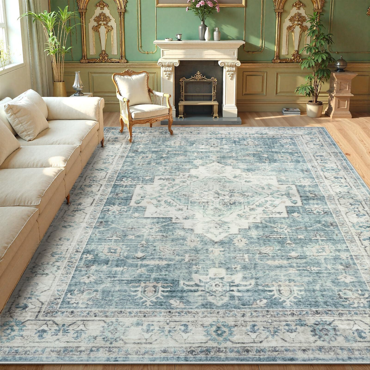 LIVEBOX Washable Area Rug 5x7 Rugs for Living Room Bedroom, Non-Slip Boho Neutral Carpet for Dining Room Office, Low-Pile Farmhouse Soft Carpets for Kids Nursery Room Playroom, Tan