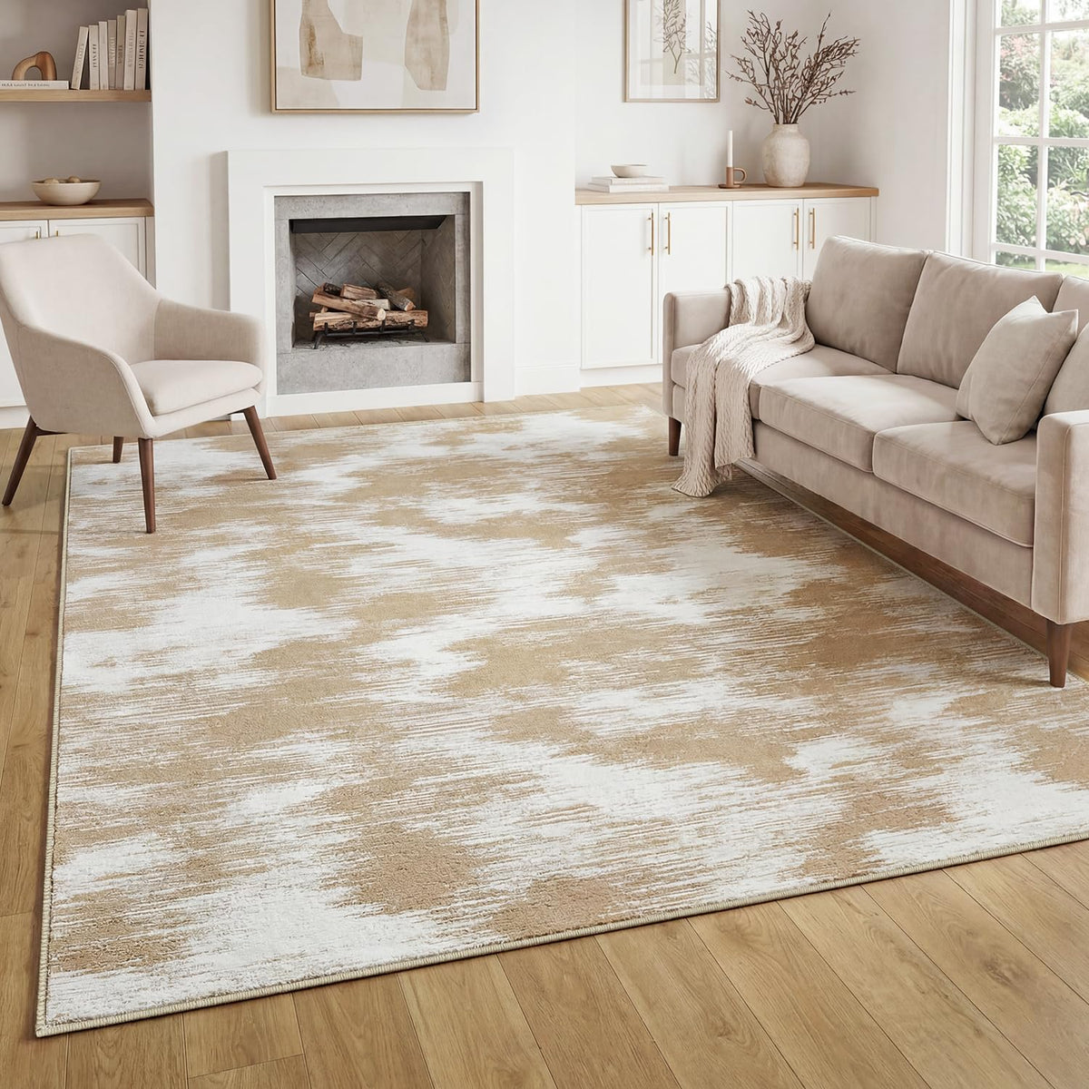 Beige Washable Area Rug 9x12 High-Low Pile Carpet for Living Room