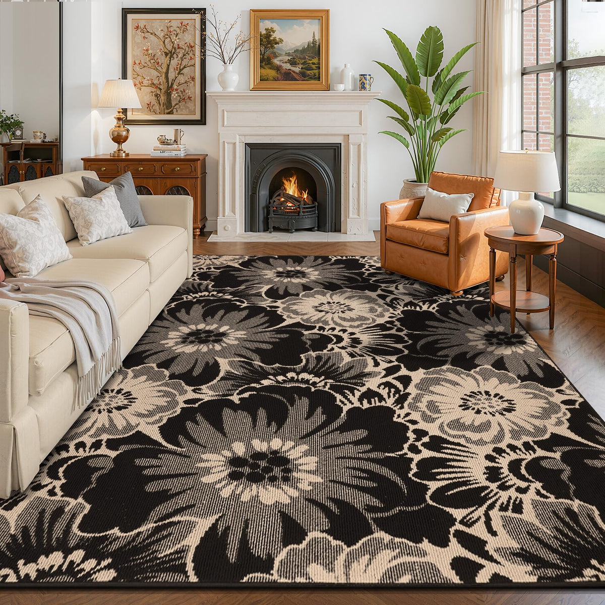 Findosom Hallway Runner Rug 2x6, Non Slip High-Low Textured Floral Washable Runner Rug with Rubber Backing, Boho Carpet Runner for Kitchen, Entryway, Bedroom, Laundry, Black & Beige
