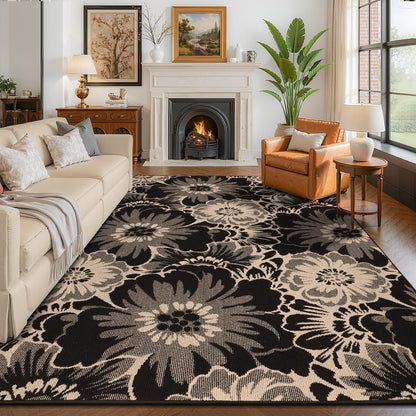Findosom Hallway Runner Rug 2x6, Non Slip High-Low Textured Floral Washable Runner Rug with Rubber Backing, Boho Carpet Runner for Kitchen, Entryway, Bedroom, Laundry, Black & Beige