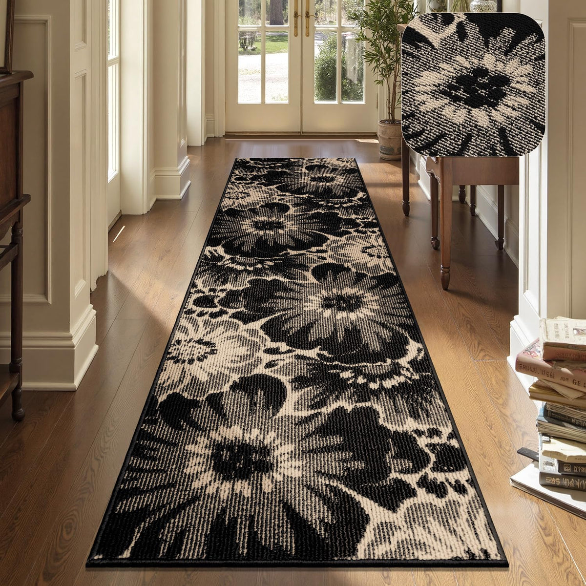 Findosom Hallway Runner Rug 2x6, Non Slip High-Low Textured Floral Washable Runner Rug with Rubber Backing, Boho Carpet Runner for Kitchen, Entryway, Bedroom, Laundry, Black & Beige