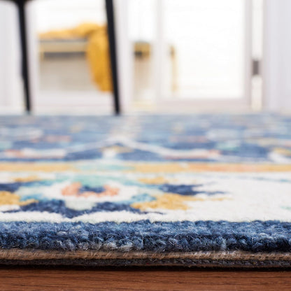 SAFAVIEH Micro-Loop Collection Accent Rug - 4' x 6', Blue & Ivory, Handmade French Country Scroll Floral Oriental Wool, Ideal for High Traffic Areas in Entryway, Living Room, Bedroom (MLP385M)