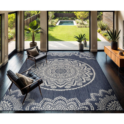 CAMILSON Outdoor Rug 5x7 Modern Area Rugs for Indoor and Outdoor Patios and Porches - Waterproof, Washable, Non-Shedding, Easy-to-Clean Outside Carpet (5 x 7, Medallion - Beige/White)