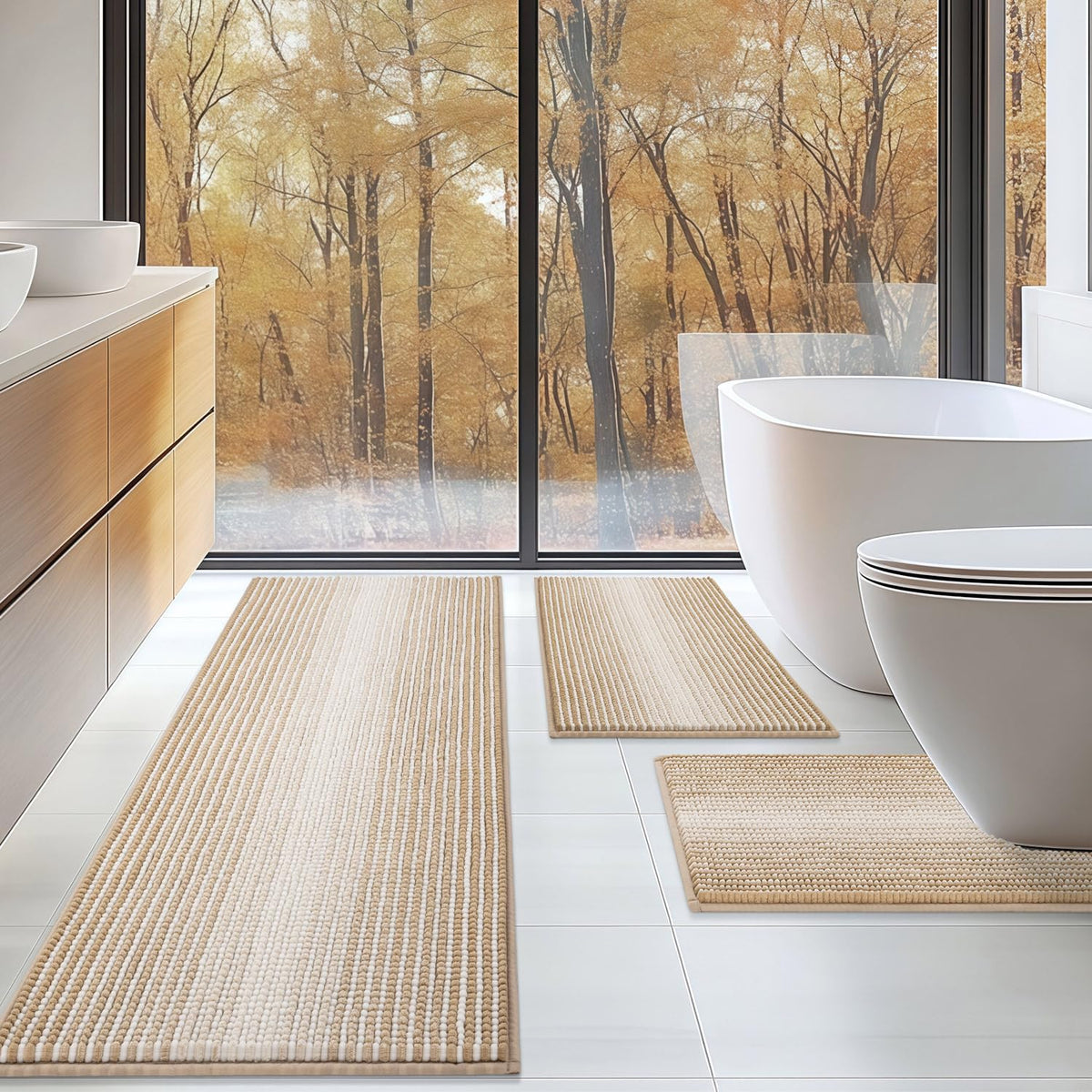 BSICPRO Bathroom Rugs Sets 3 Piece，U-Shaped Toilet Mat Sets，Black and White