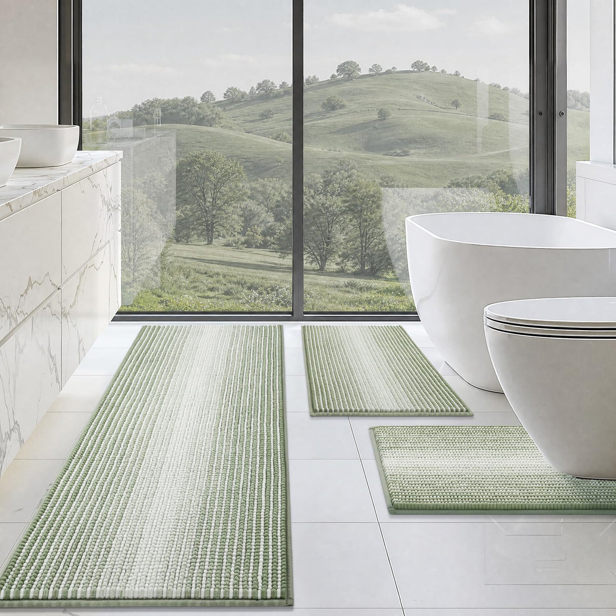 BSICPRO Bathroom Rugs Sets 3 Piece，U-Shaped Toilet Mat Sets，Black and White