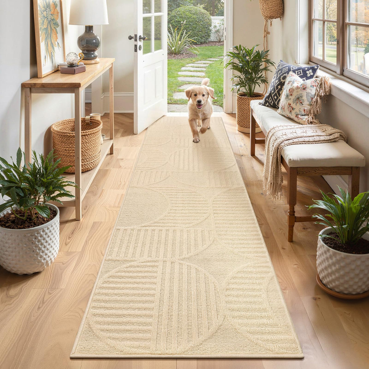 Findosom Hallway Runner Rug 2x6, Non Slip High-Low Textured Floral Washable Runner Rug with Rubber Backing, Boho Carpet Runner for Kitchen, Entryway, Bedroom, Laundry, Black & Beige