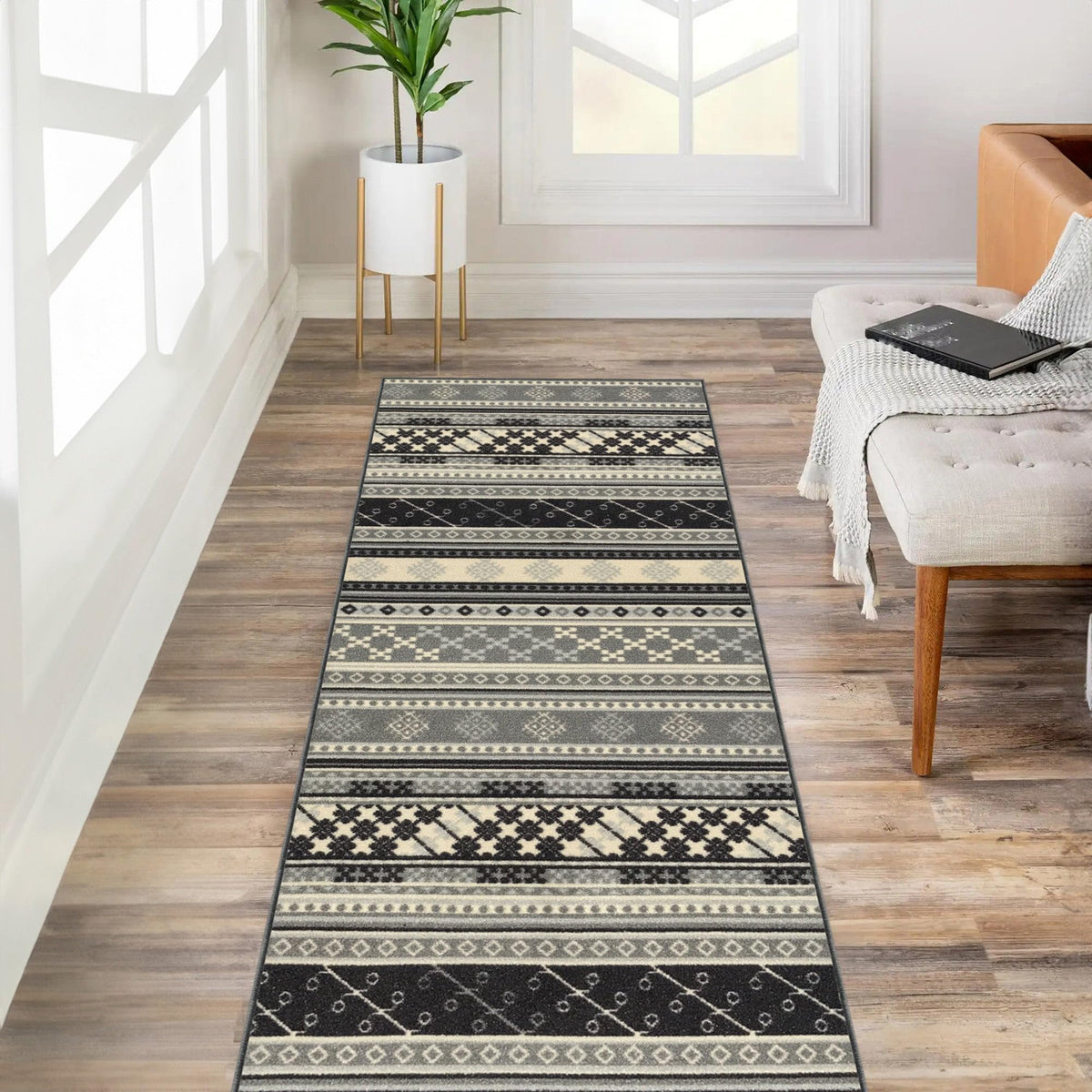 Kapaqua Custom Size Grey Ivory Bordered Rubber Backed Non-Slip Hallway Stair Runner Rug Carpet 31 inch Wide Choose Your Length 31in X 11ft