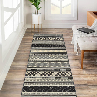 Kapaqua Custom Size Grey Ivory Bordered Rubber Backed Non-Slip Hallway Stair Runner Rug Carpet 31 inch Wide Choose Your Length 31in X 11ft