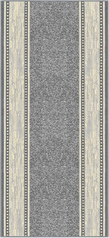 Kapaqua Custom Size Grey Ivory Bordered Rubber Backed Non-Slip Hallway Stair Runner Rug Carpet 31 inch Wide Choose Your Length 31in X 11ft