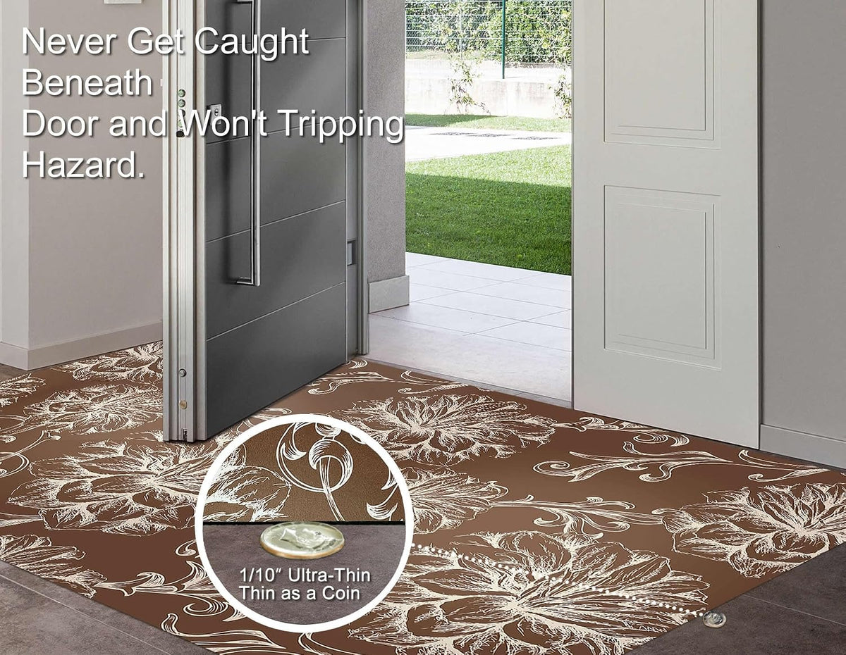 3×5 Feet Extra Large 1/10" Ultra Thin Front Door Mat Indoor Entryway Area Rug for Inside Entry, Non Slip Washable Rubber Interior Door Mats Entrance Home, Baroque Brown