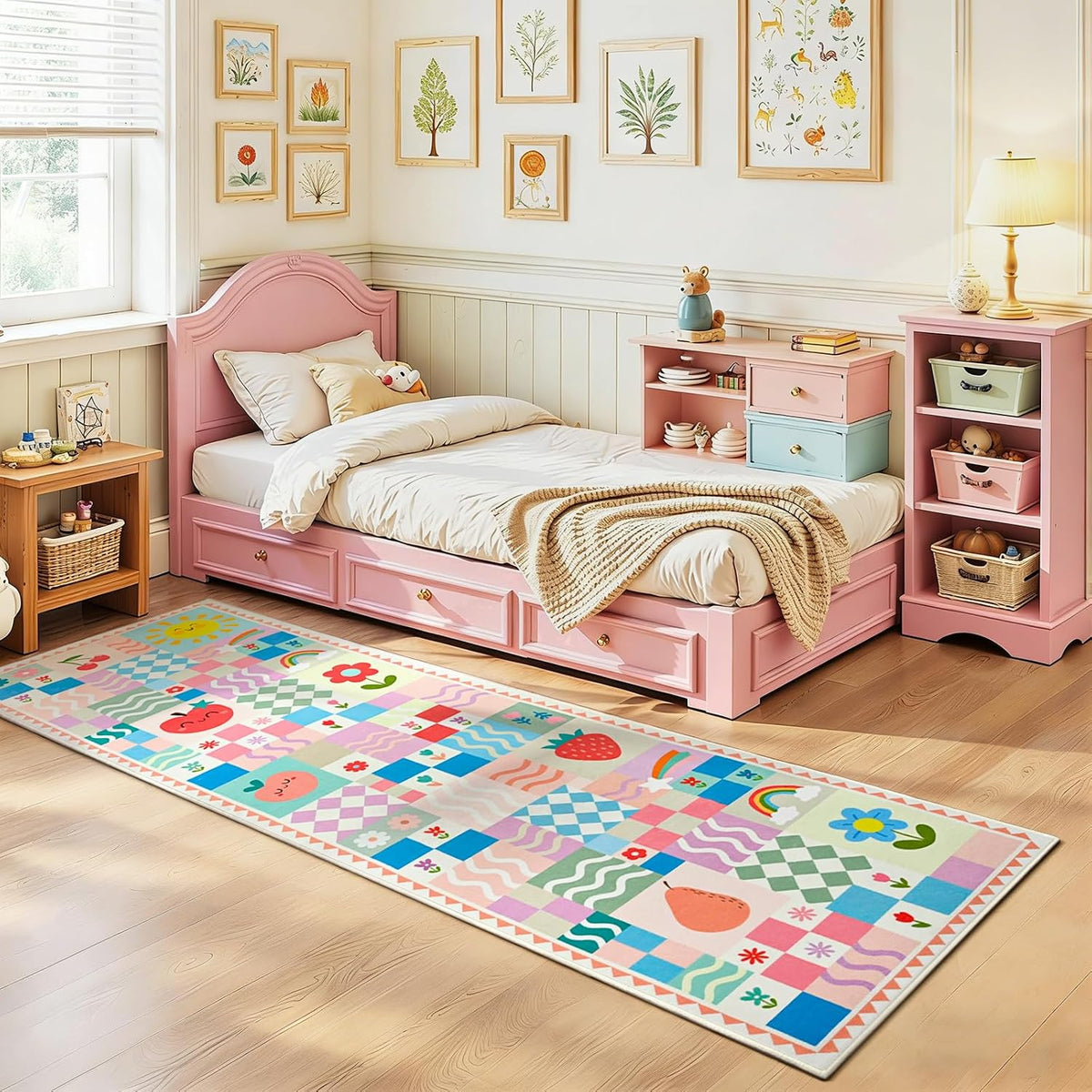 Soft Pink Runner Rug for Girls Bedroom, Washable Non-Slip Hallway Carpet with Cute Colorful Fruit Rainbow Checkered Design, Low Pile Floor Mat