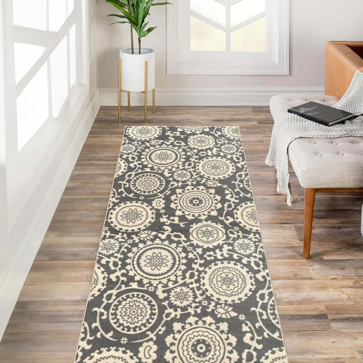 Kapaqua Custom Size Grey Ivory Bordered Rubber Backed Non-Slip Hallway Stair Runner Rug Carpet 31 inch Wide Choose Your Length 31in X 11ft