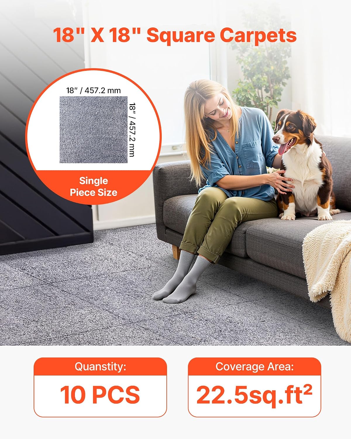 VEVOR Carpet Tiles 18x18 inch, 10 Pack Carpet Square Rug Detachable & Damage-Free, Self Adhesive Home Floor Soft Plush Padded for 22.5sq.ft Coverage, Easy DIY for Living Room & Bedroom, Gray