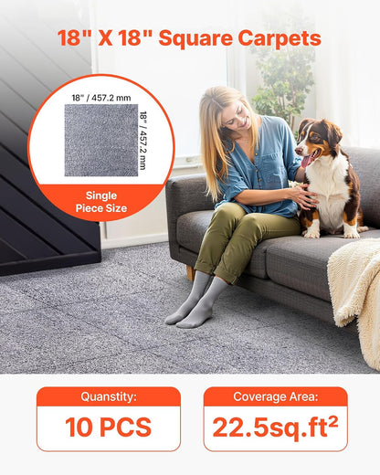 VEVOR Carpet Tiles 18x18 inch, 10 Pack Carpet Square Rug Detachable & Damage-Free, Self Adhesive Home Floor Soft Plush Padded for 22.5sq.ft Coverage, Easy DIY for Living Room & Bedroom, Gray