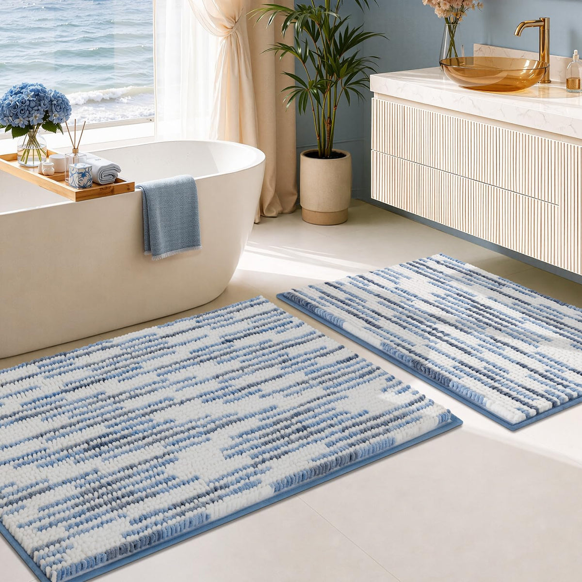 BSICPRO Bathroom Rugs Sets 2 Piece, Modern Bath Mat 20"x47"+20"x32", Blue
