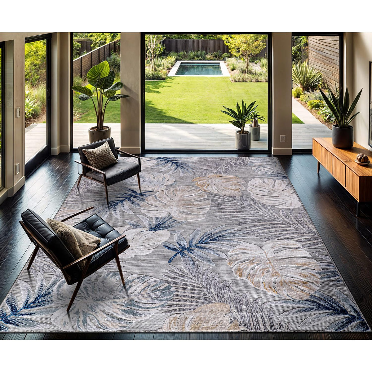 CAMILSON Indoor Outdoor Rug, Multi 5x7 Leaf Tropical Botanical Area Rugs for Indoor and Outdoor patios, Easy-Cleaning Non-Shedding Living Room, Garden and Kitchen Washable Outside Carpet (5 x 7)