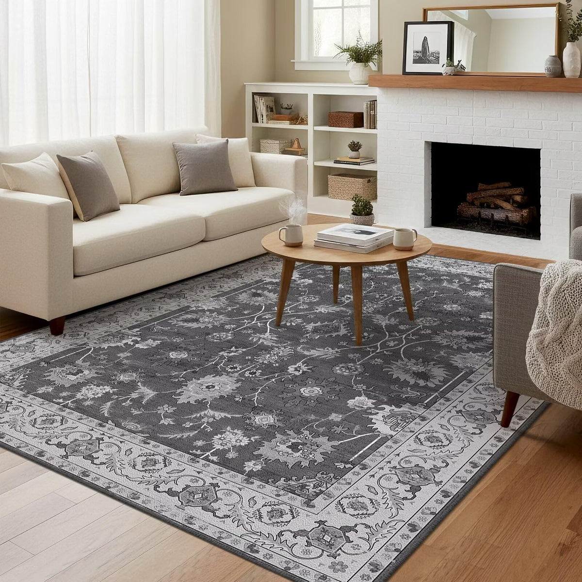 Washable 6x9 Area Rug for Living Room, Non-Slip Large Grey Bedroom Rugs
