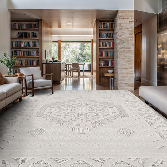Luul Home Modern Micro Loop Indoor Area Rugs for Living Room Bedroom Kitchen Geometric Trellis White 8x10 Luxury Durable Low and High Pile Non-Shedding Stain Resistant Soft Area Carpet 8 x 10