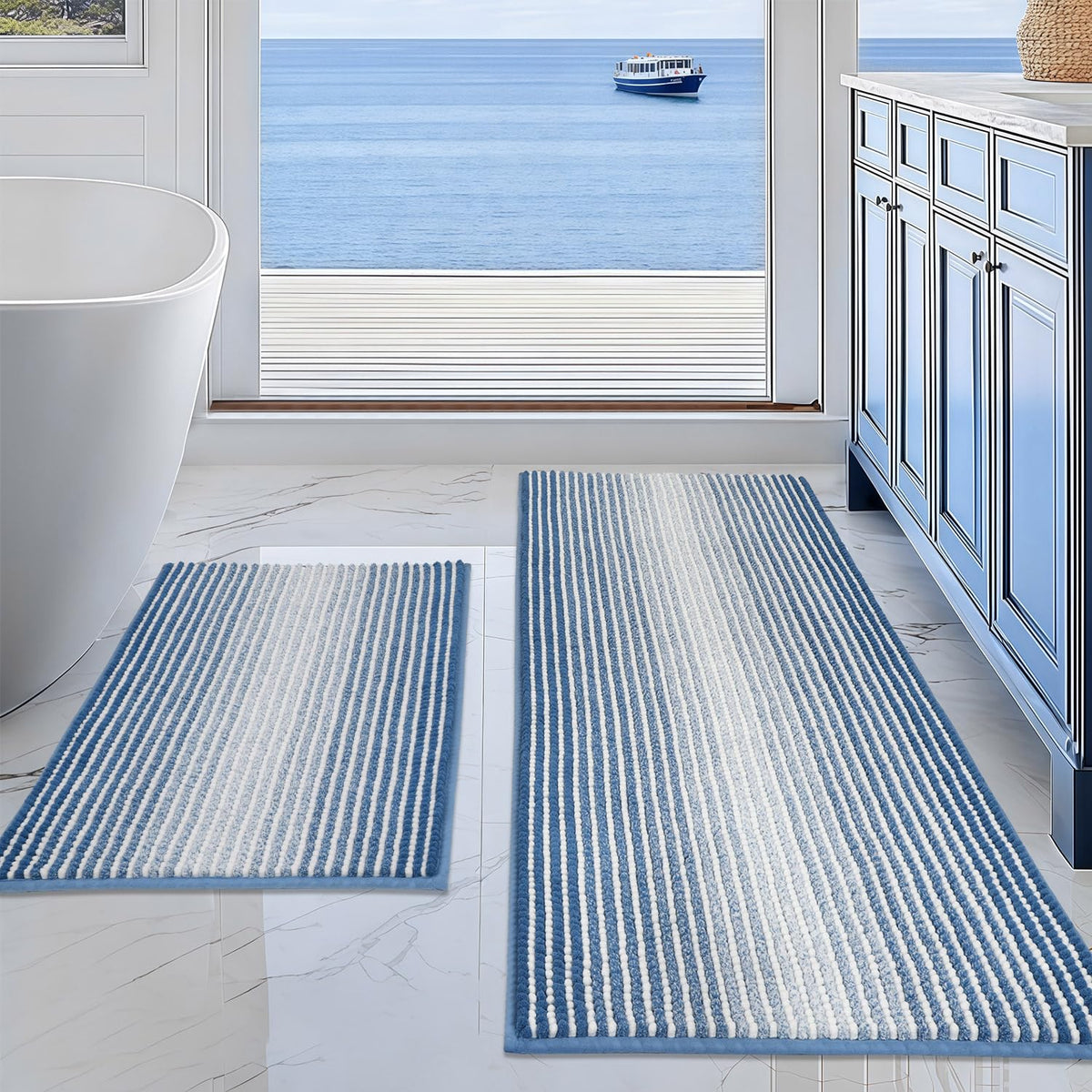 BSICPRO Bathroom Rugs Sets 2 Piece, Modern Bath Mat 20"x47"+20"x32", Blue