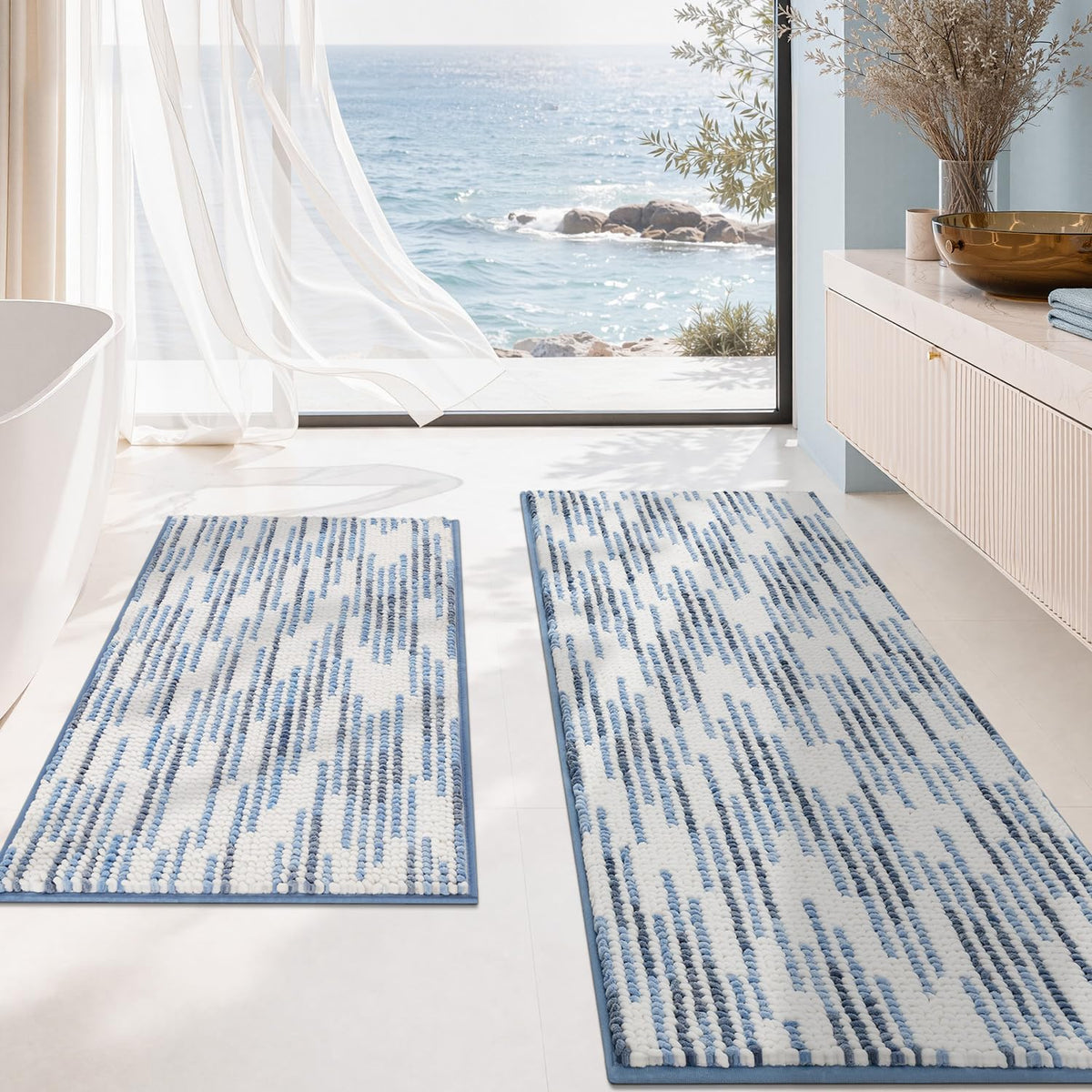 BSICPRO Bathroom Rugs Sets 2 Piece, Modern Bath Mat 20"x47"+20"x32", Blue