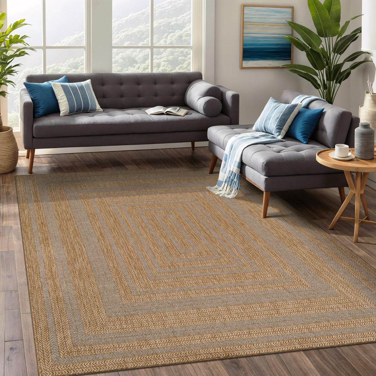 Beverly Rug Easy Jute Bordered Rug 10x14 Washable Large Indoor Outdoor Area Rugs for Living Dining Room Patio Office Stain Resistant Non Shedding Casual Indoor Outside Carpet 10 x 14 Off-White