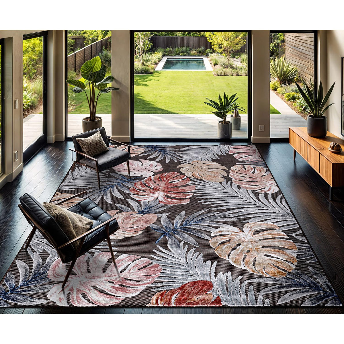 CAMILSON Indoor Outdoor Rug, Multi 5x7 Leaf Tropical Botanical Area Rugs for Indoor and Outdoor patios, Easy-Cleaning Non-Shedding Living Room, Garden and Kitchen Washable Outside Carpet (5 x 7)