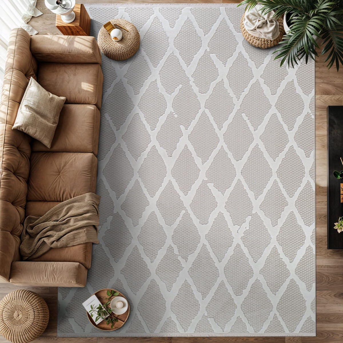 Luul Home Modern Micro Loop Indoor Area Rugs for Living Room Bedroom Kitchen Geometric Trellis White 8x10 Luxury Durable Low and High Pile Non-Shedding Stain Resistant Soft Area Carpet 8 x 10