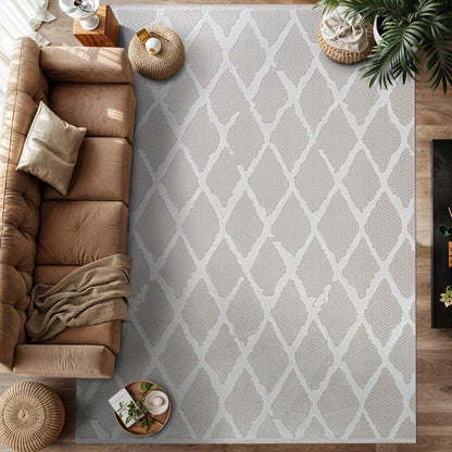 Luul Home Modern Micro Loop Indoor Area Rugs for Living Room Bedroom Kitchen Geometric Trellis White 8x10 Luxury Durable Low and High Pile Non-Shedding Stain Resistant Soft Area Carpet 8 x 10