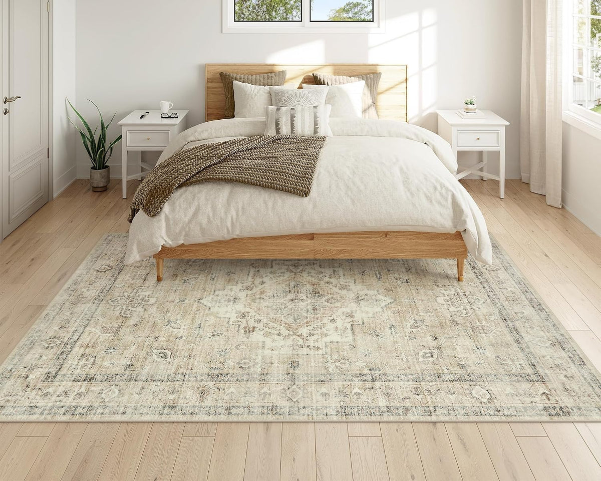 LIVEBOX Washable Area Rug 5x7 Rugs for Living Room Bedroom, Non-Slip Boho Neutral Carpet for Dining Room Office, Low-Pile Farmhouse Soft Carpets for Kids Nursery Room Playroom, Tan