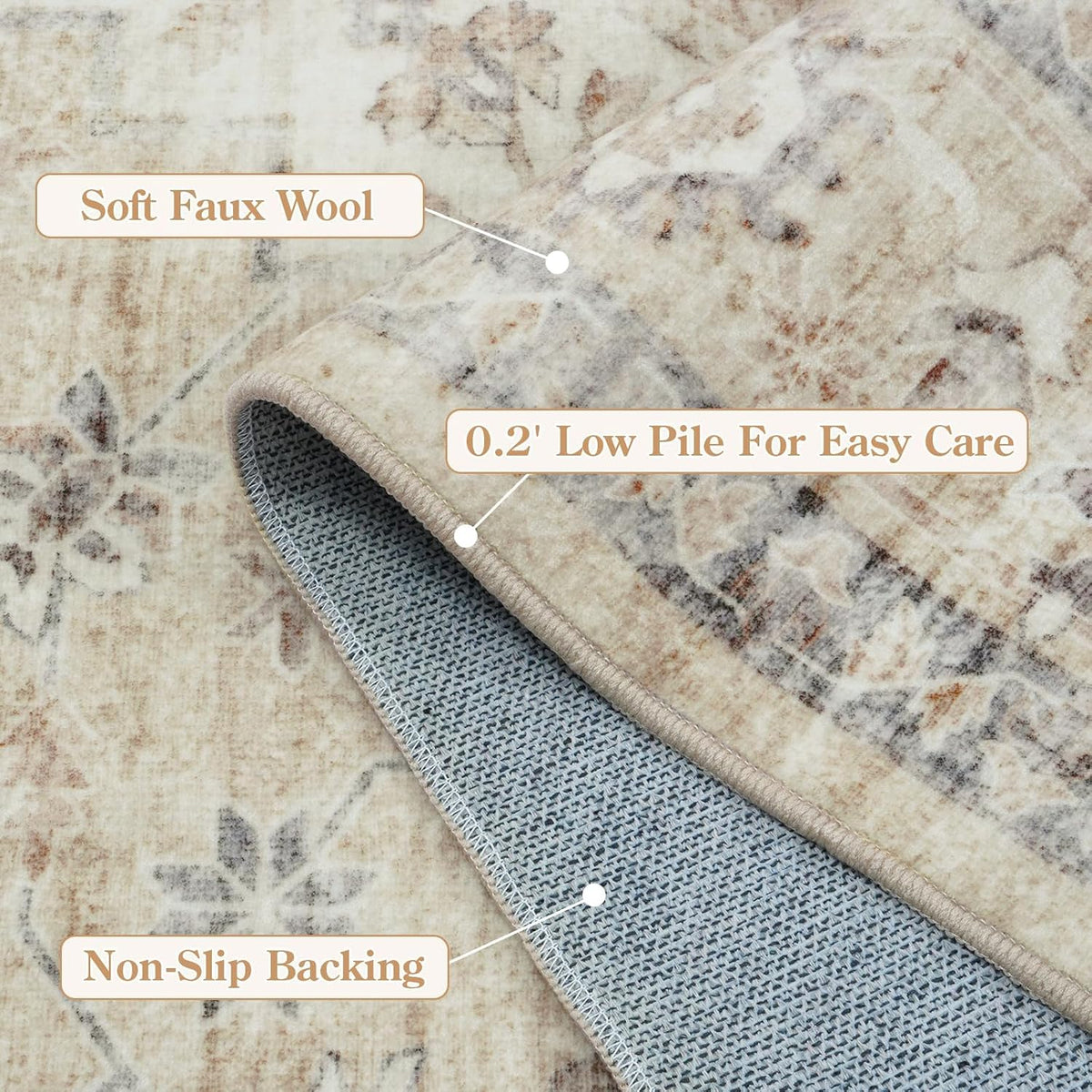 LIVEBOX Washable Area Rug 5x7 Rugs for Living Room Bedroom, Non-Slip Boho Neutral Carpet for Dining Room Office, Low-Pile Farmhouse Soft Carpets for Kids Nursery Room Playroom, Tan