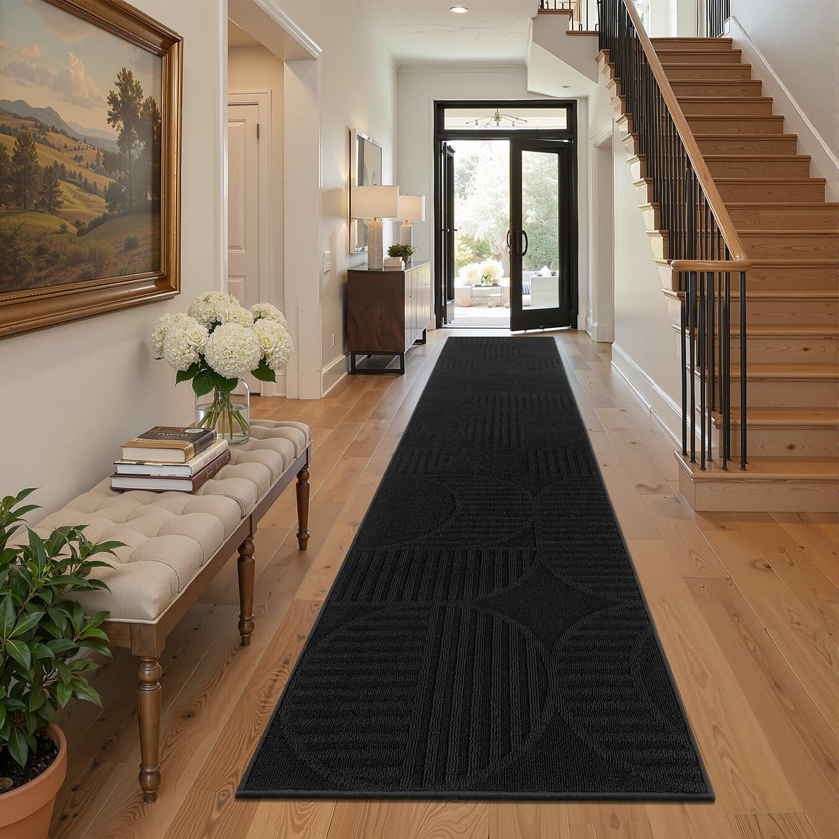 Findosom Hallway Runner Rug 2x6, Non Slip High-Low Textured Floral Washable Runner Rug with Rubber Backing, Boho Carpet Runner for Kitchen, Entryway, Bedroom, Laundry, Black & Beige