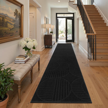 Findosom Hallway Runner Rug 2x6, Non Slip High-Low Textured Floral Washable Runner Rug with Rubber Backing, Boho Carpet Runner for Kitchen, Entryway, Bedroom, Laundry, Black & Beige