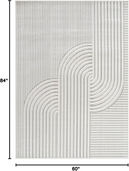 CAMILSON Modern Rug 5x7 Luxury Swirl Curved Micro Loop Area Rugs Soft High-Low Pile Stain Resistant Easy to Clean Non-Shedding Durable Living Room Office Indoor Carpet (White)
