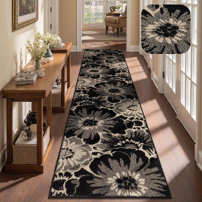 Findosom Hallway Runner Rug 2x6, Non Slip High-Low Textured Floral Washable Runner Rug with Rubber Backing, Boho Carpet Runner for Kitchen, Entryway, Bedroom, Laundry, Black & Beige