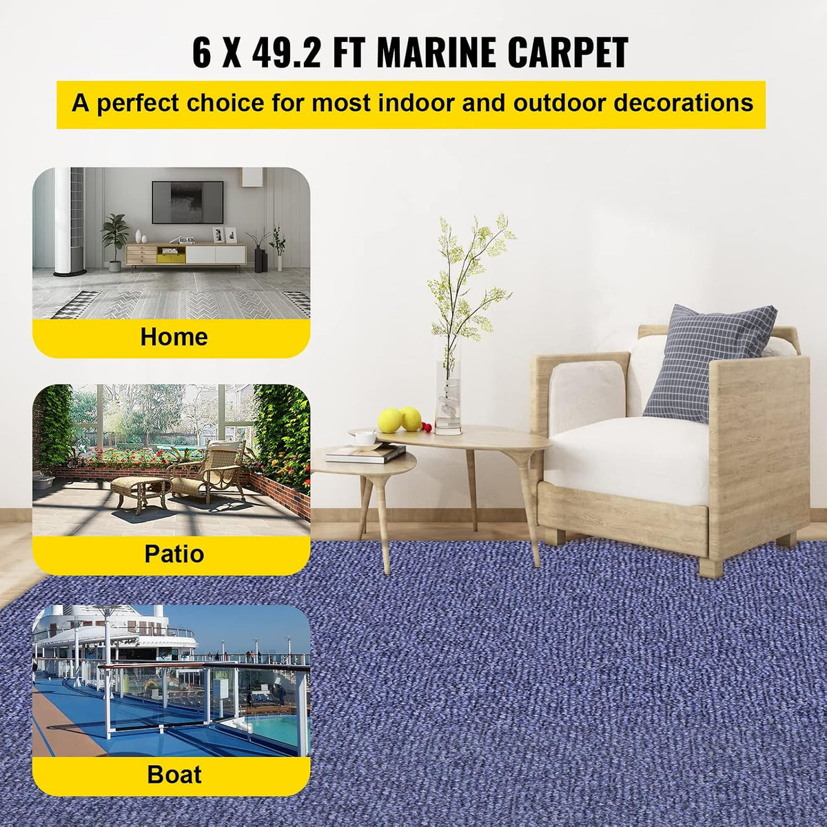 Happybuy 6 ft x 49 ft Deep Blue Marine Carpet for Boats Waterproof - 0.18" Thick Indoor Outdoor Rug Carpet Roll for Home Patio Porch Deck