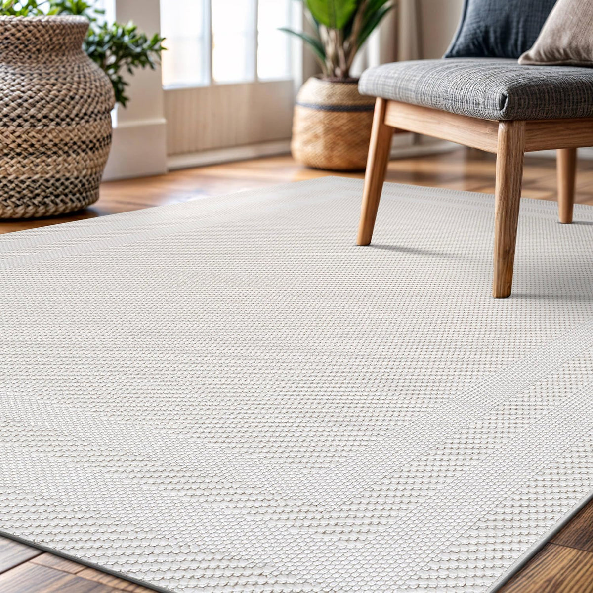 CAMILSON Micro Loop Rug 5x7 Modern Luxury Bordered Area Rugs Soft High and Low Pile Stain Resistant Easy-Cleaning Non-Shedding for Living Room Office Indoor Carpet (5 x 7 / White)