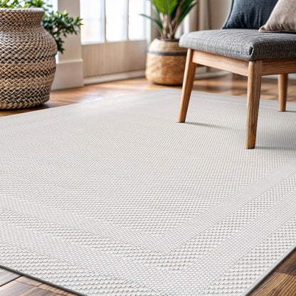 CAMILSON Micro Loop Rug 5x7 Modern Luxury Bordered Area Rugs Soft High and Low Pile Stain Resistant Easy-Cleaning Non-Shedding for Living Room Office Indoor Carpet (5 x 7 / White)