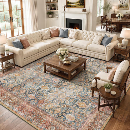 8x10 Area Rugs for Living Room - Washable Vintage Retro Large Rug, Soft Ultra Thin Non Slip Low Pile Traditional Distressed Boho Carpet for Bedroom Dining Room Home Office, Rust Clay