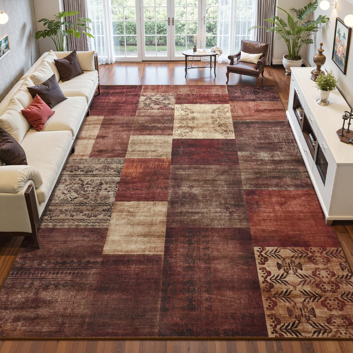 DweIke Washable Area Rugs 5x7 for Living Room, Modern Geometric Green Soft Patchwork Carpet, Non-Slip Stain Resistant Throw Rug for Bedroom Dining Room Office Home Decor
