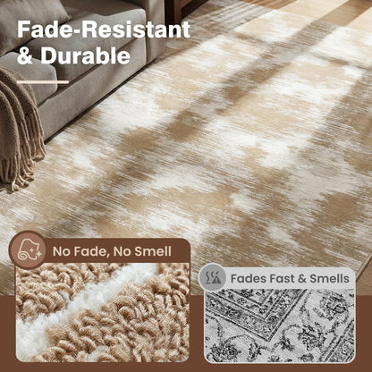 Beige Washable Area Rug 9x12 High-Low Pile Carpet for Living Room
