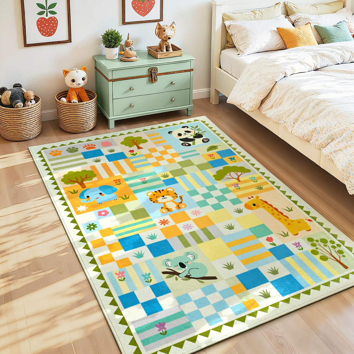 Soft Pink Runner Rug for Girls Bedroom, Washable Non-Slip Hallway Carpet with Cute Colorful Fruit Rainbow Checkered Design, Low Pile Floor Mat