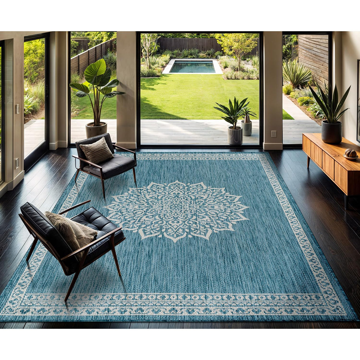 CAMILSON Indoor Outdoor Rug, 6x9 Bordered Dark Grey Black Modern Area Rugs for Indoor and Outdoor Patios, Kitchen and Hallway Mats, Washable Porch Deck Outside Carpet (Bordered Black, 6 x 9)